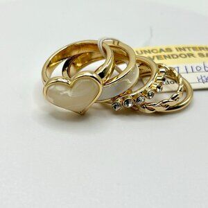 Uncas International 5 Piece  Gold & White Stackable Heart Ring Set